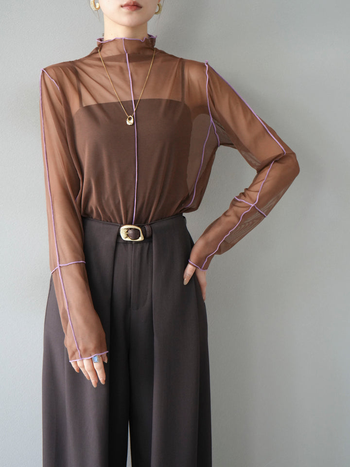 [予約]シアーパイピングカットソー/ダークブラウン×ラベンダー