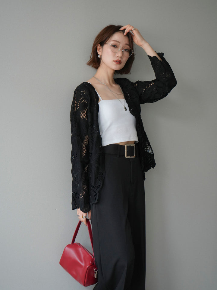 【套裝】3D蕾絲蕾絲上衣+內建胸罩羅紋抹胸吊帶背心（兩件組）