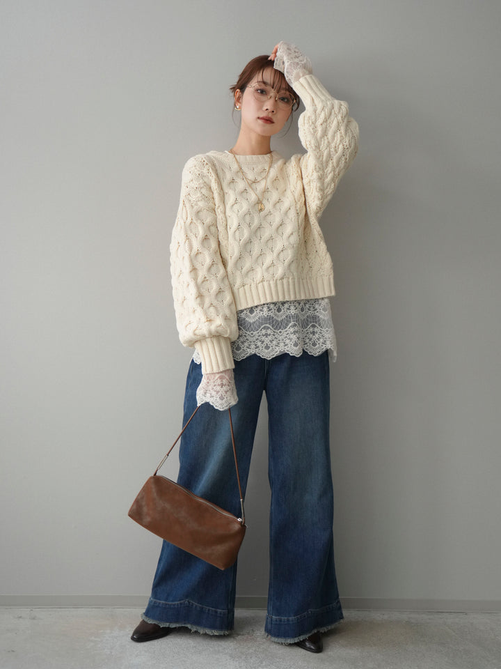 【着回しセット】[SET]バルキーケーブルクロップドニットプルオーバー+アンゴラタッチクルーネックニットプルオーバー+チュールレーストップス(3set)