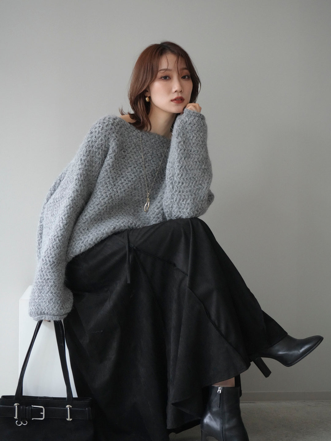 [予約]ワッフル編みオーバーニットプルオーバー/gray