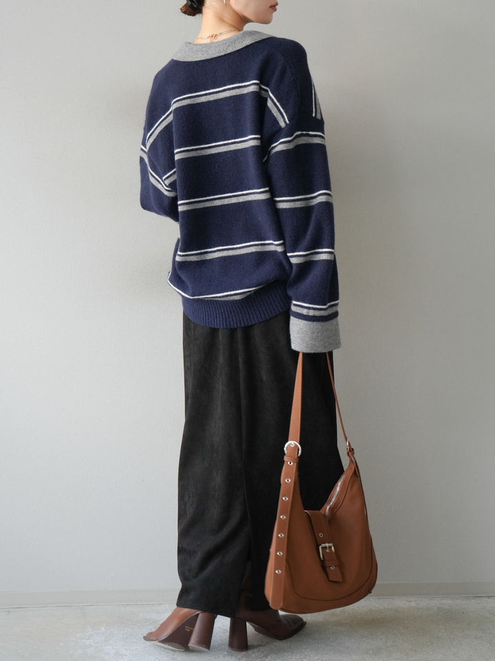 [SET]ポロ襟スキッパーボーダーニットプルオーバー+スウェードIラインスカート(2set)