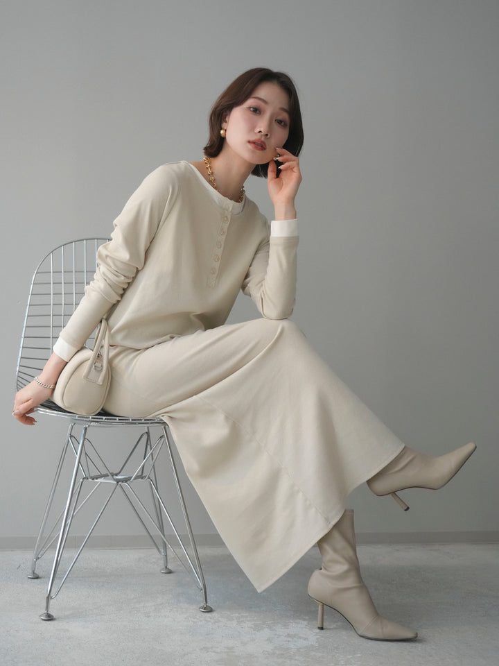 [予約]配色レイヤードヘンリーネックカットリブワンピース/ivory