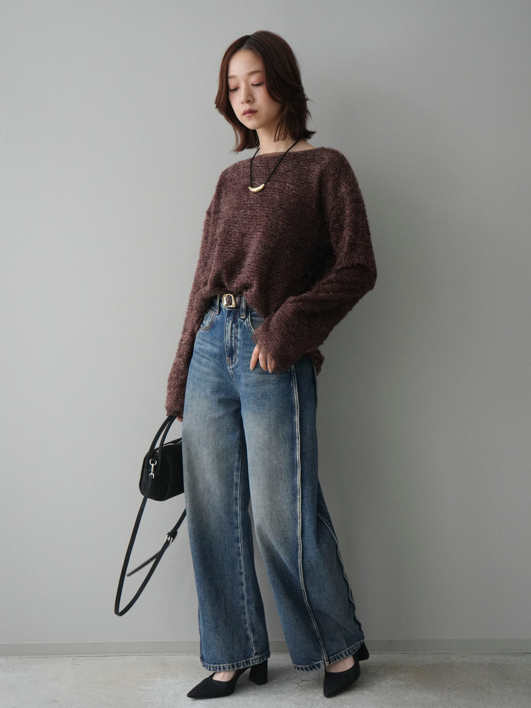 [SET]ラメシャギートップス+サイド切替カーブデニムパンツ(2set)