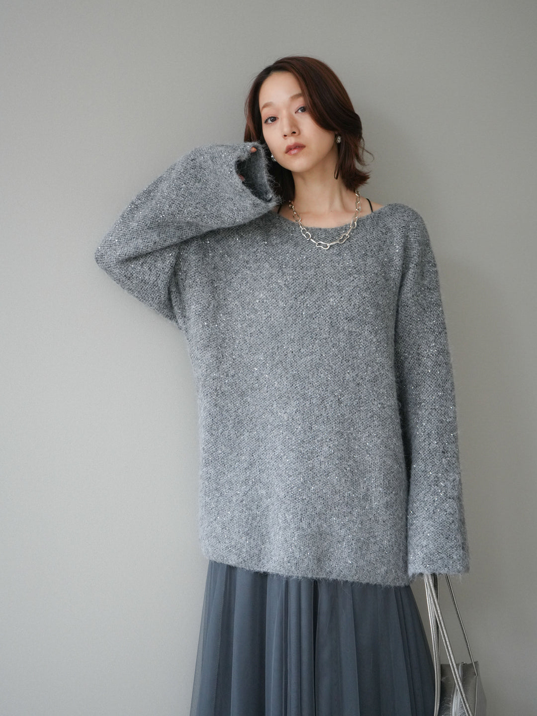 [予約]スパンコールミニシャギーニットチュニック/gray