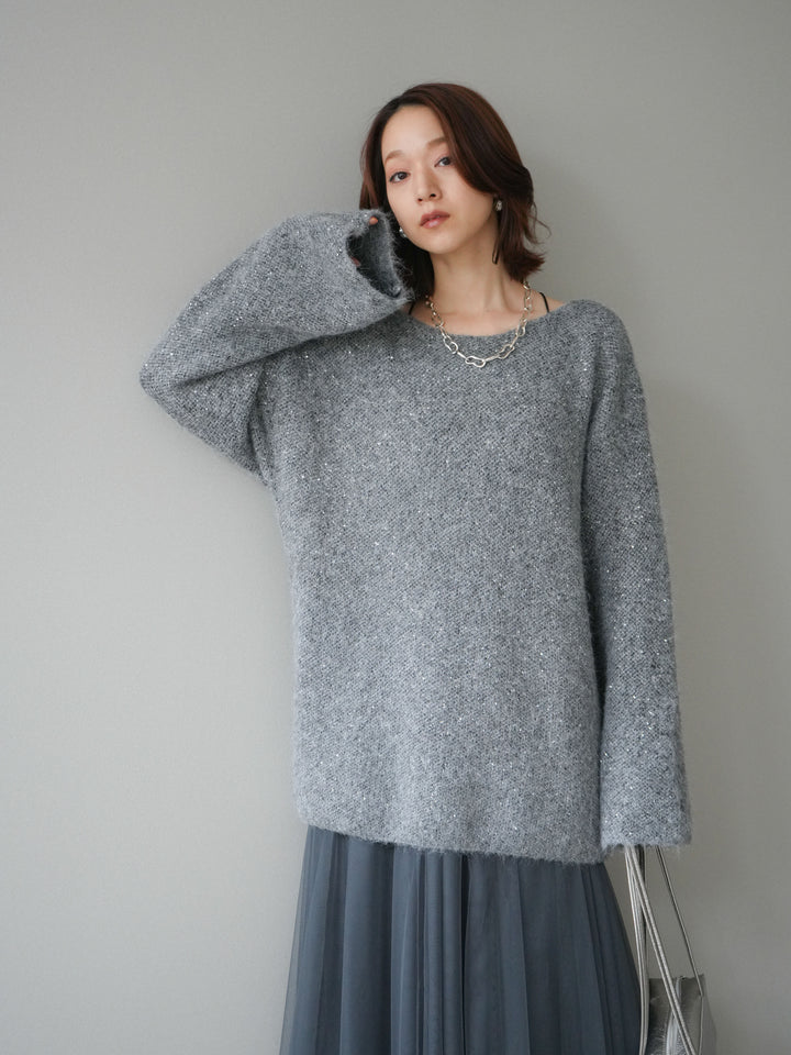 [予約]スパンコールミニシャギーニットチュニック/gray