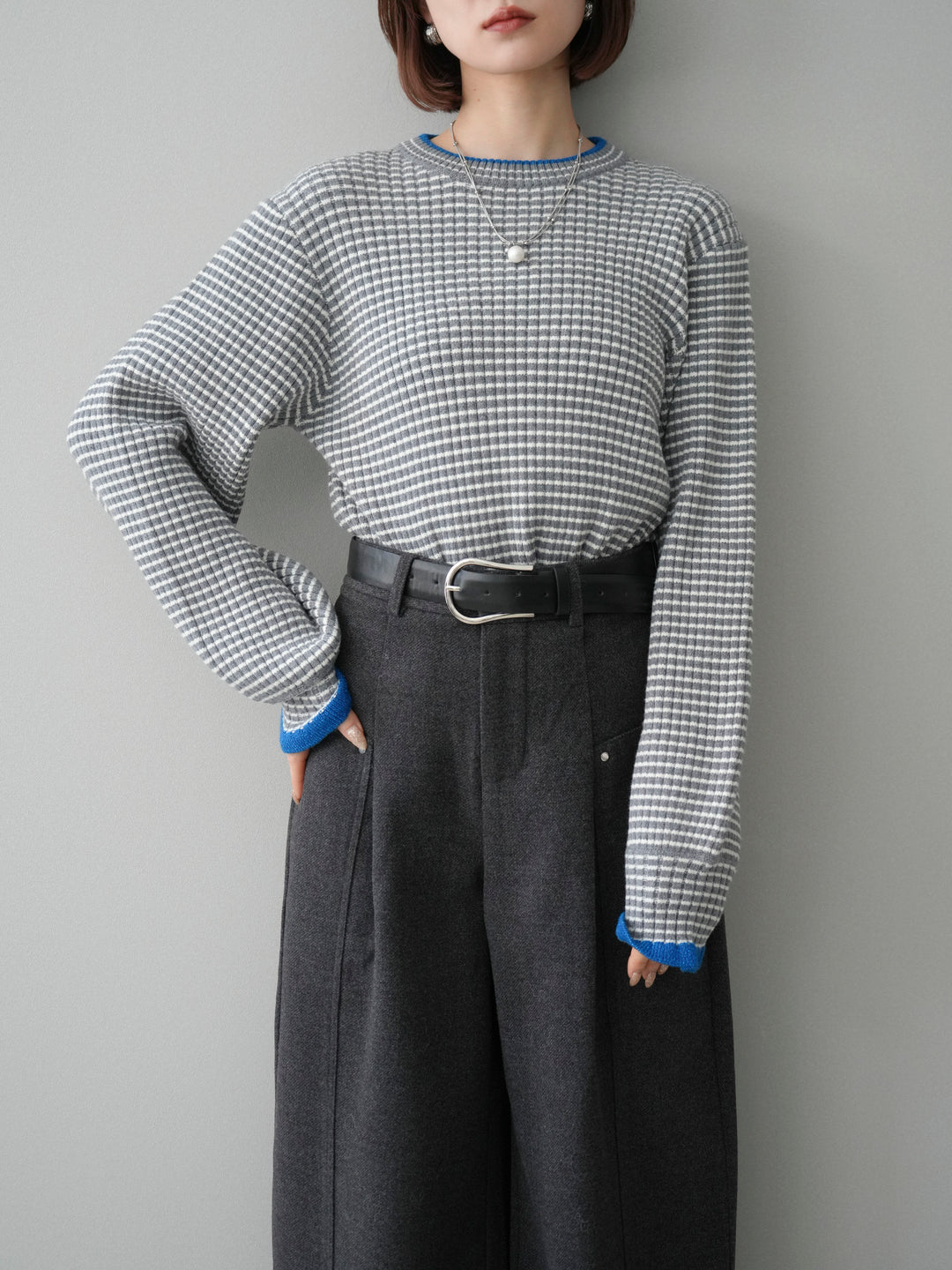 [予約]ラメ異素材ボーダーリブニットプルオーバー/charcoal×blue