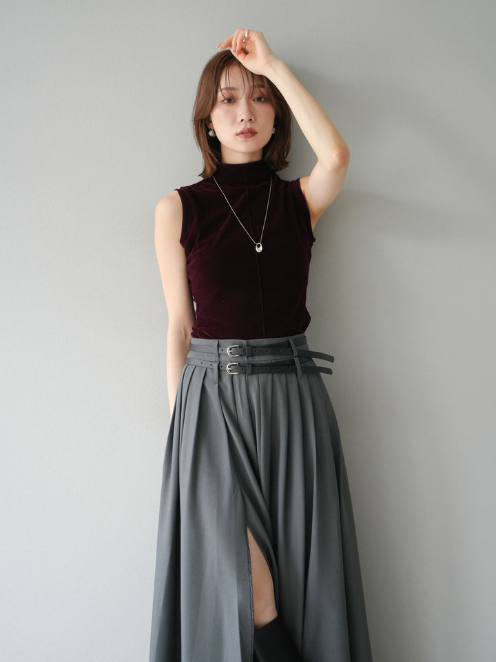 [SET]シアーベロアプチネックノースリーブトップス+エステルプリーツスリットスカート(2set)