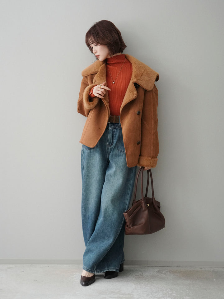 [SET]ムートンショートジャケット+ベルト付裏起毛カーブデニムパンツ(2set)