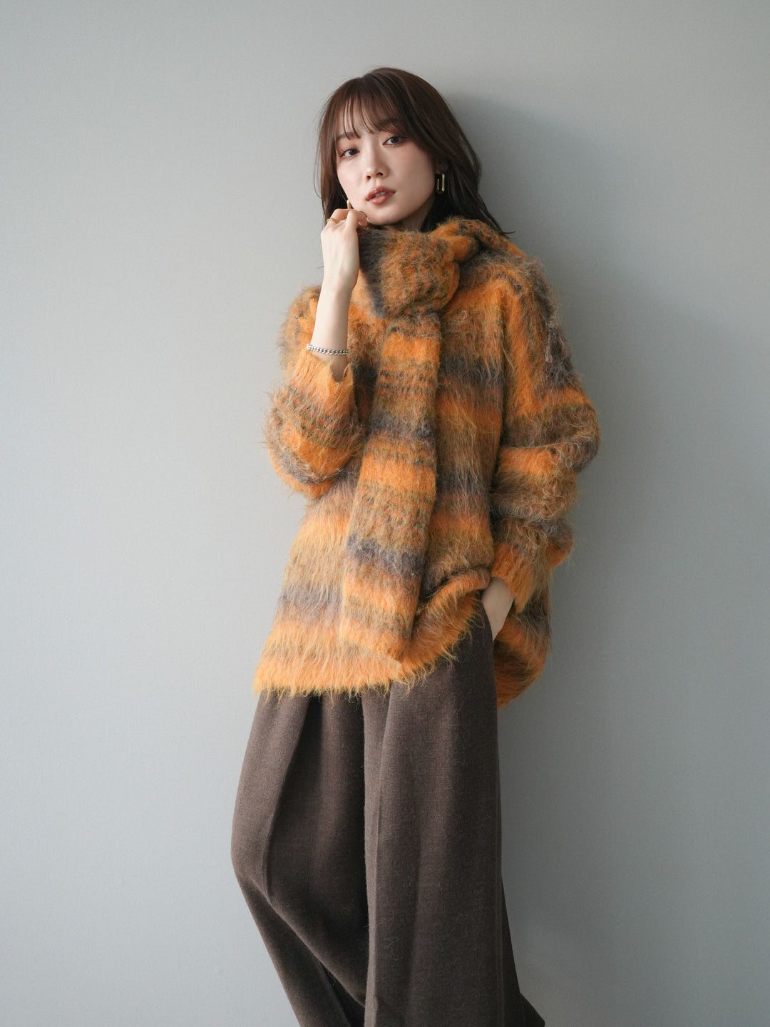 [予約]ストール付シャギーマルチボーダーニットプルオーバー/yellow