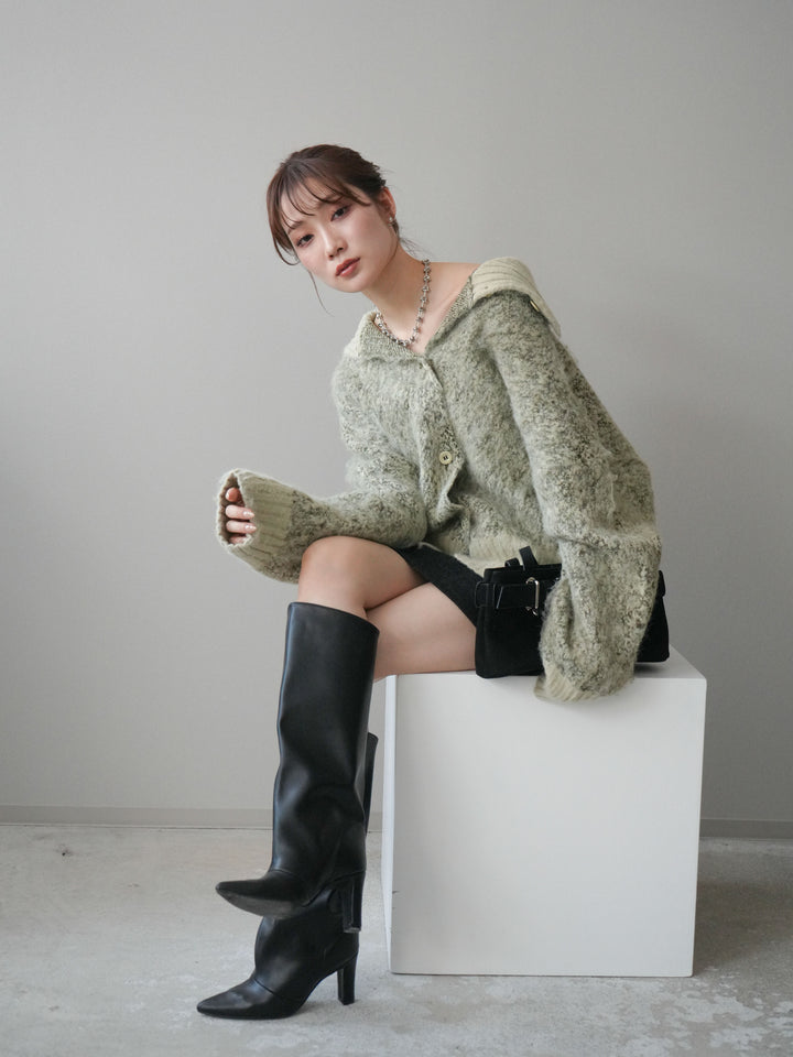 [予約]リブ切替メランジニットカーディガン/green