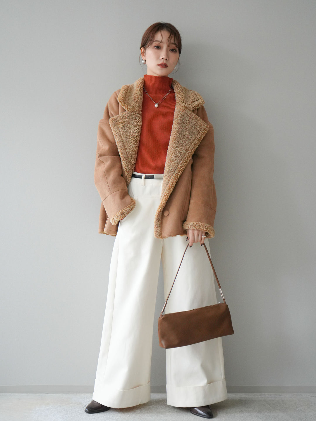 [予約]ベルト付き折り返しコットンツイルワイドパンツ/ivory