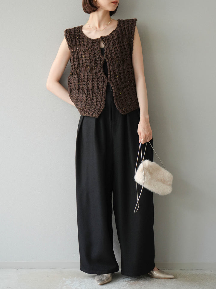 [予約]レザーパイピングタックワイドパンツ/ブラック