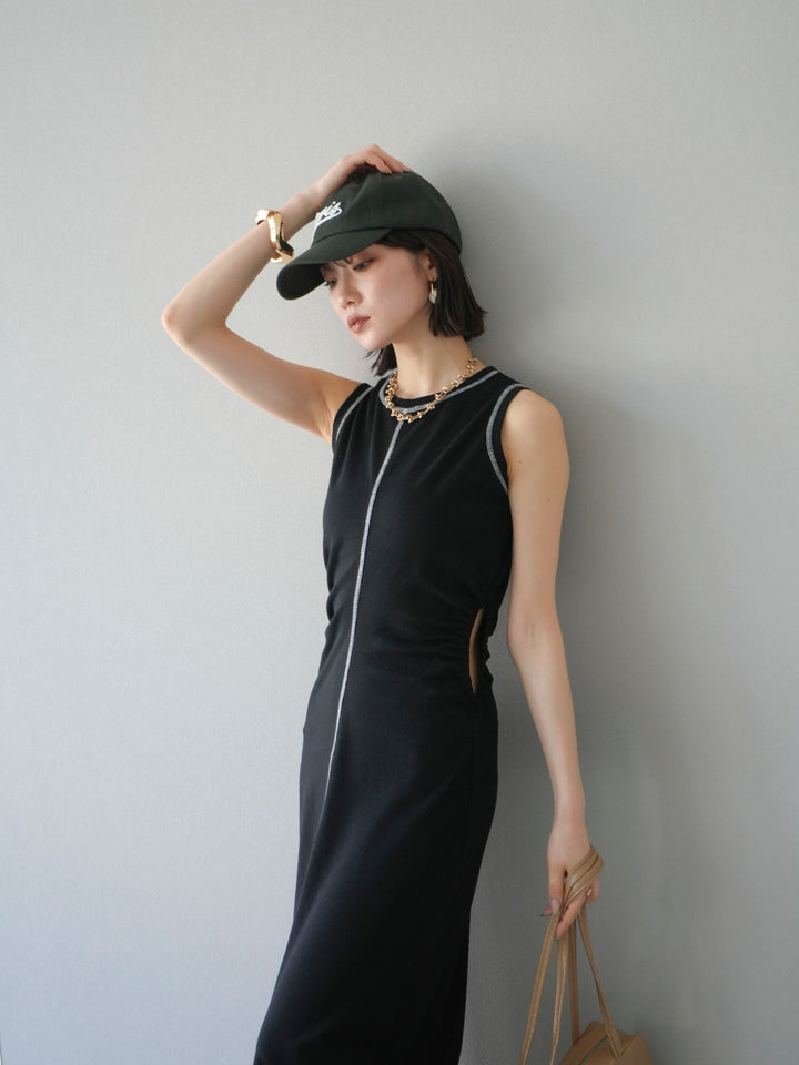 [予約]ウエストオープンステッチカットワンピース/ブラック