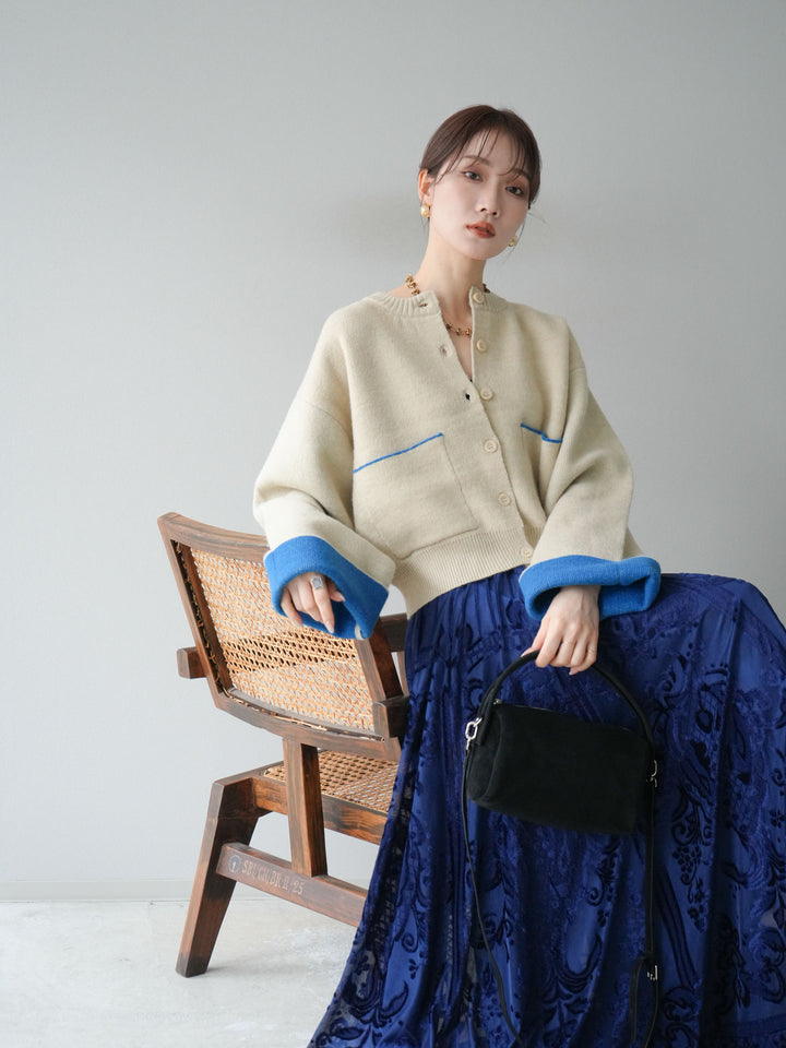 [SET]バイカラーオーバーニットカーディガン+アンティーク柄フロッキーマキシスカート(2set)