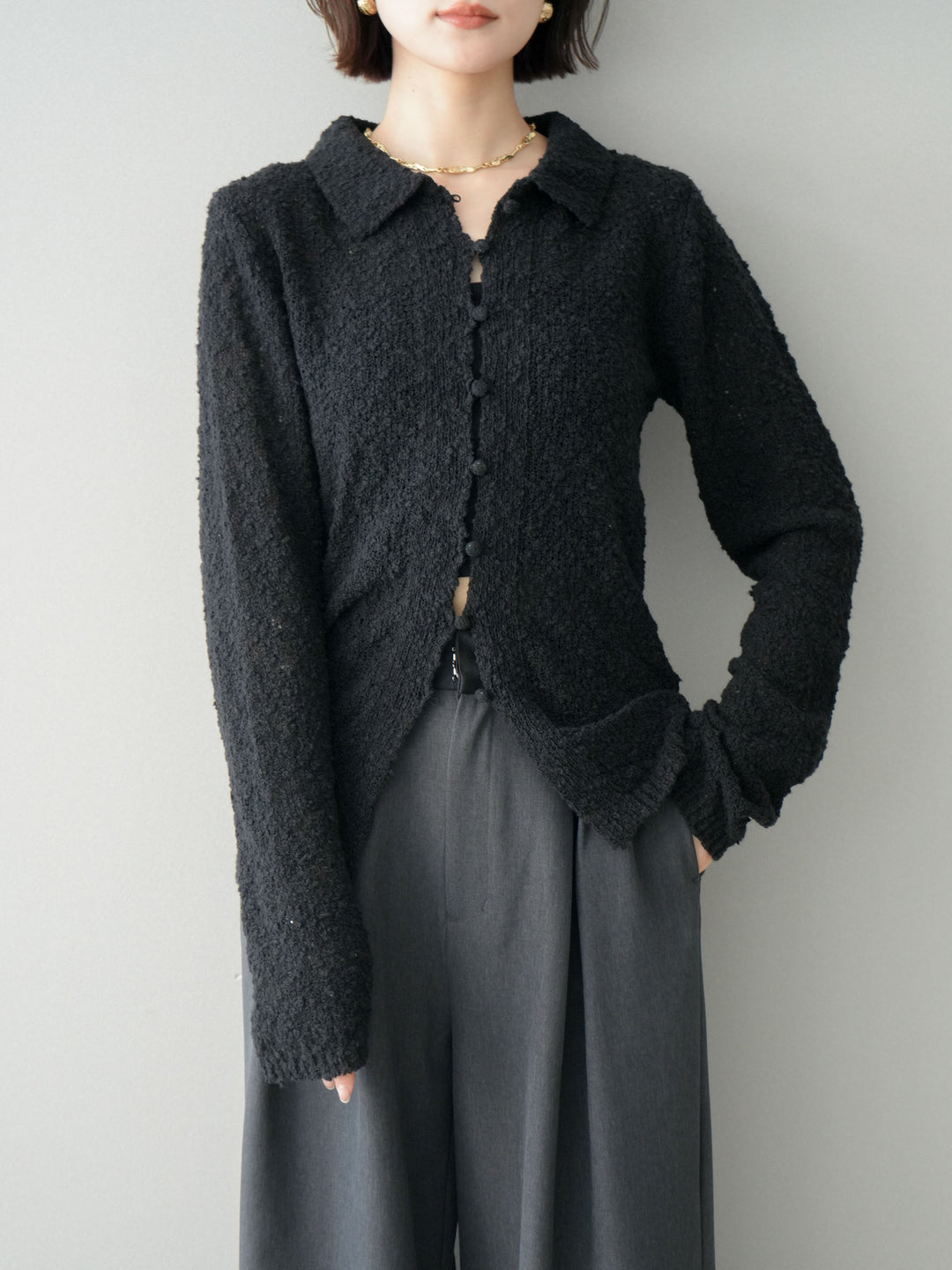 [SET]透かし編みブークレポロニットトップス+透かし編みブークレポロニットトップス(2set)