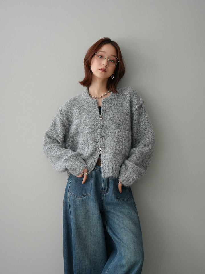 [SET]ミックスヤーンダブルZIPニットカーディガン+ベルト付裏起毛カーブデニムパンツ(2set)