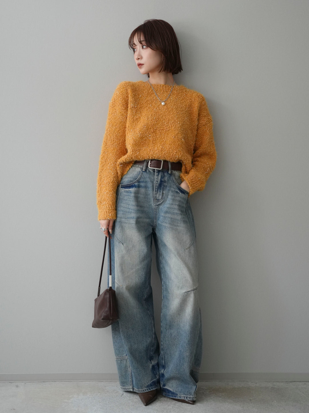[SET]モールラメミックスヤーンニットプルオーバー+ベルト付カーブデニムパンツ(2set)