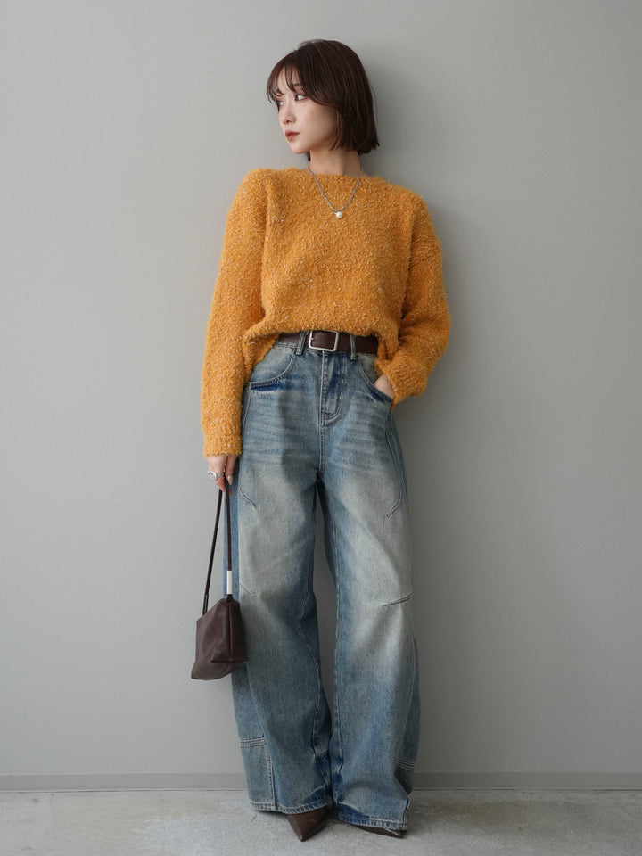 [SET]モールラメミックスヤーンニットプルオーバー+ベルト付カーブデニムパンツ(2set)