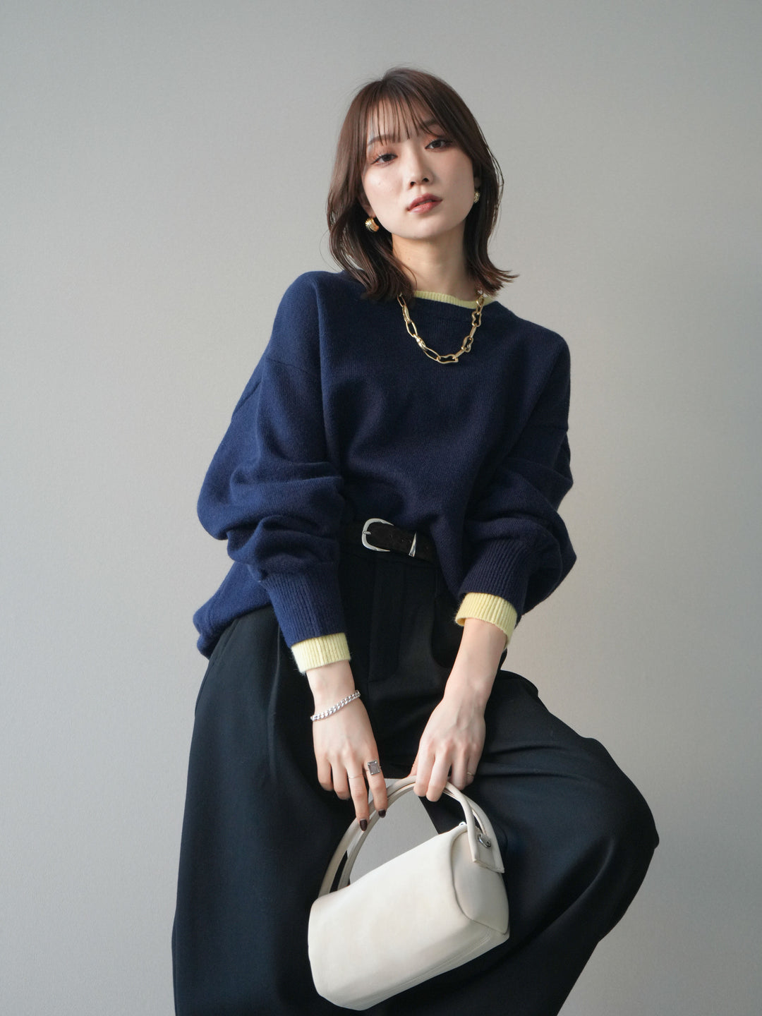 [予約]ヘンリーネック配色レイヤードニットプルオーバー/navy