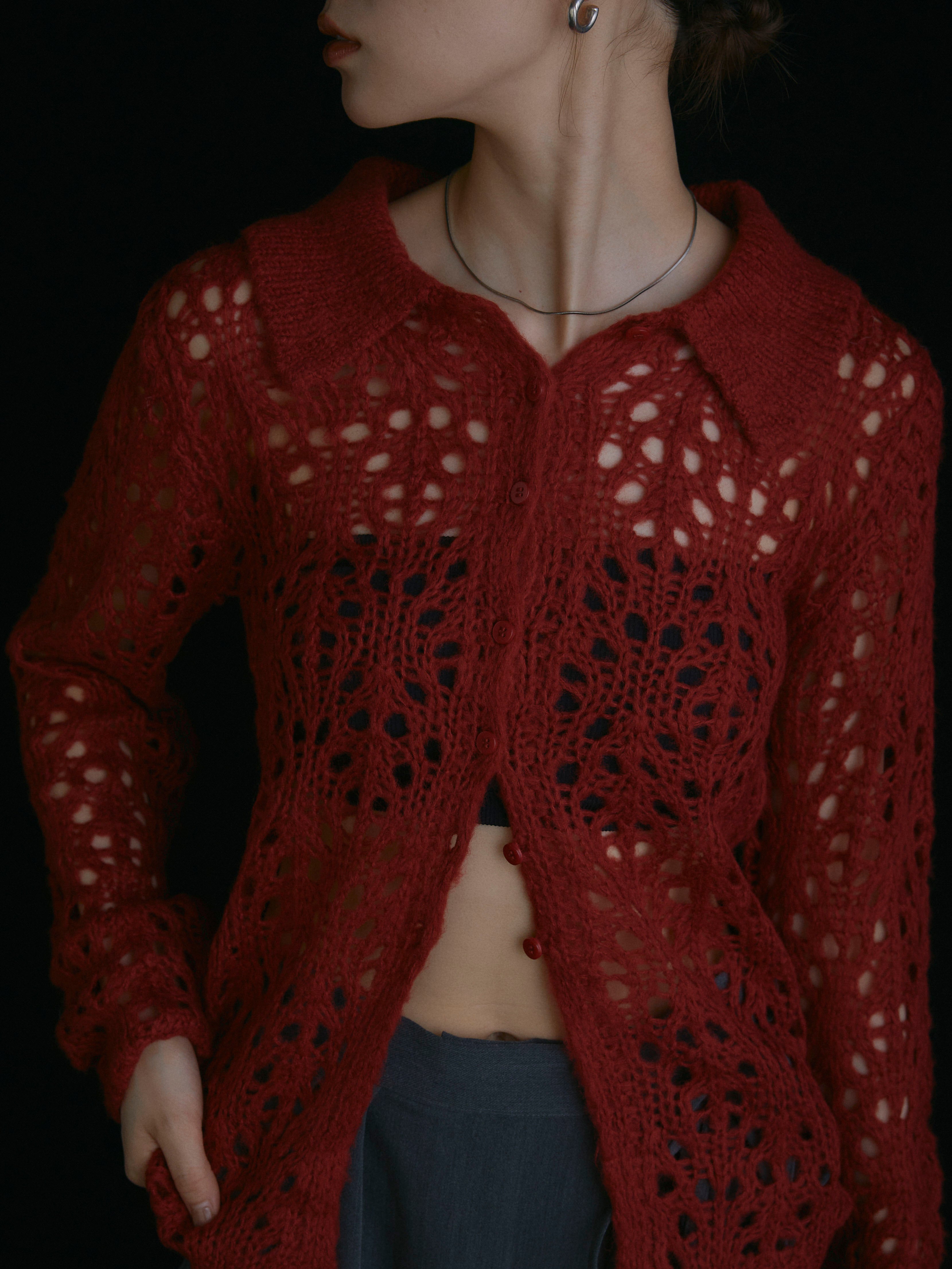 LOUNIE フリンジニットカーディガン レッド　新品未使用 リエディ Re:EDIT 金ボタンニットカーディガン （レッド