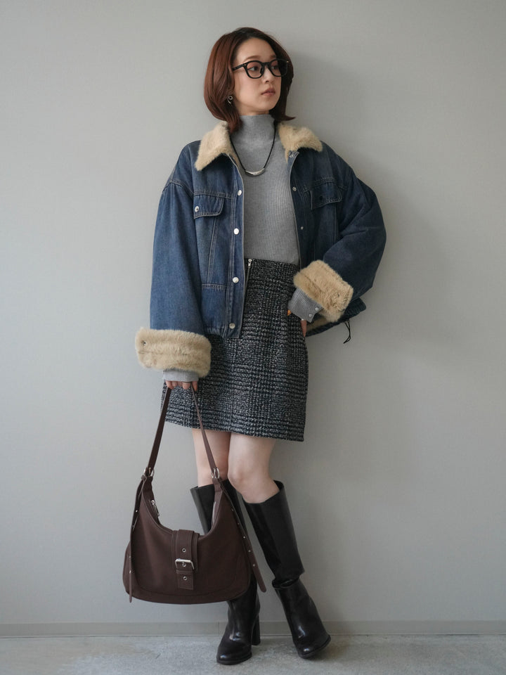 [予約]デニム×ファーステンカラーショートジャケット/blue