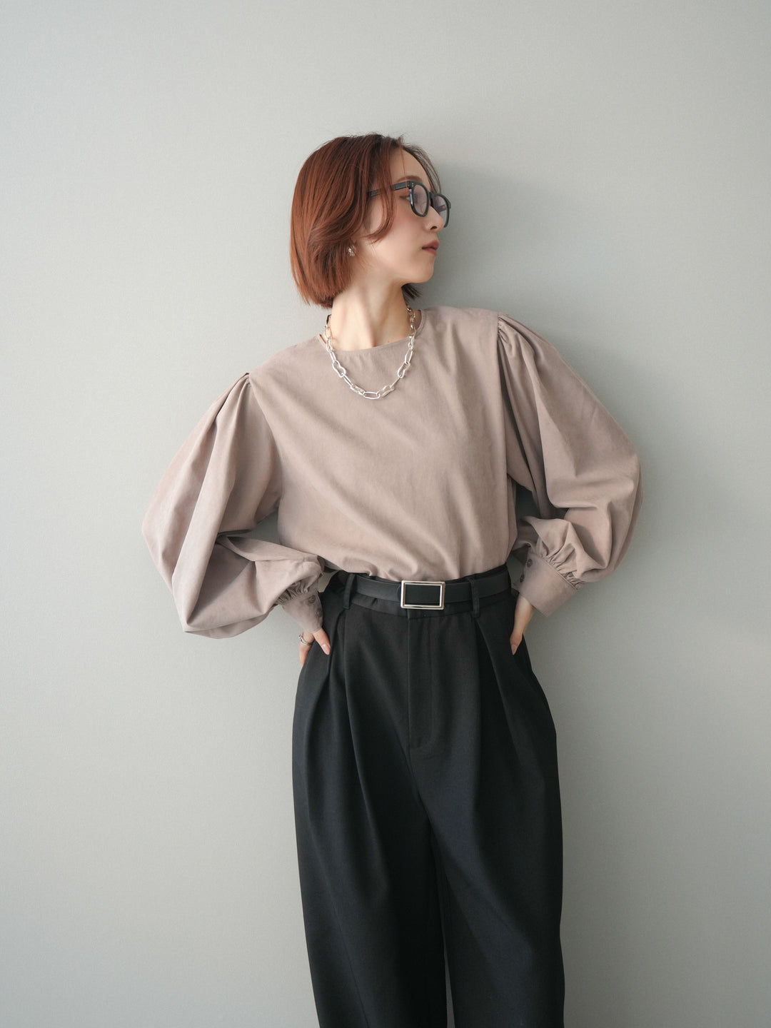 [予約]2WAYピーチスキンボリュームスリーブブラウス/mocha
