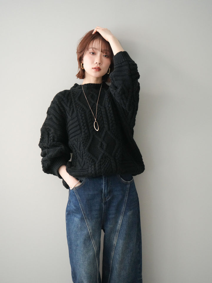 [SET]ケーブル編みモックネックニットプルオーバー+選べるアクセセット(2set)