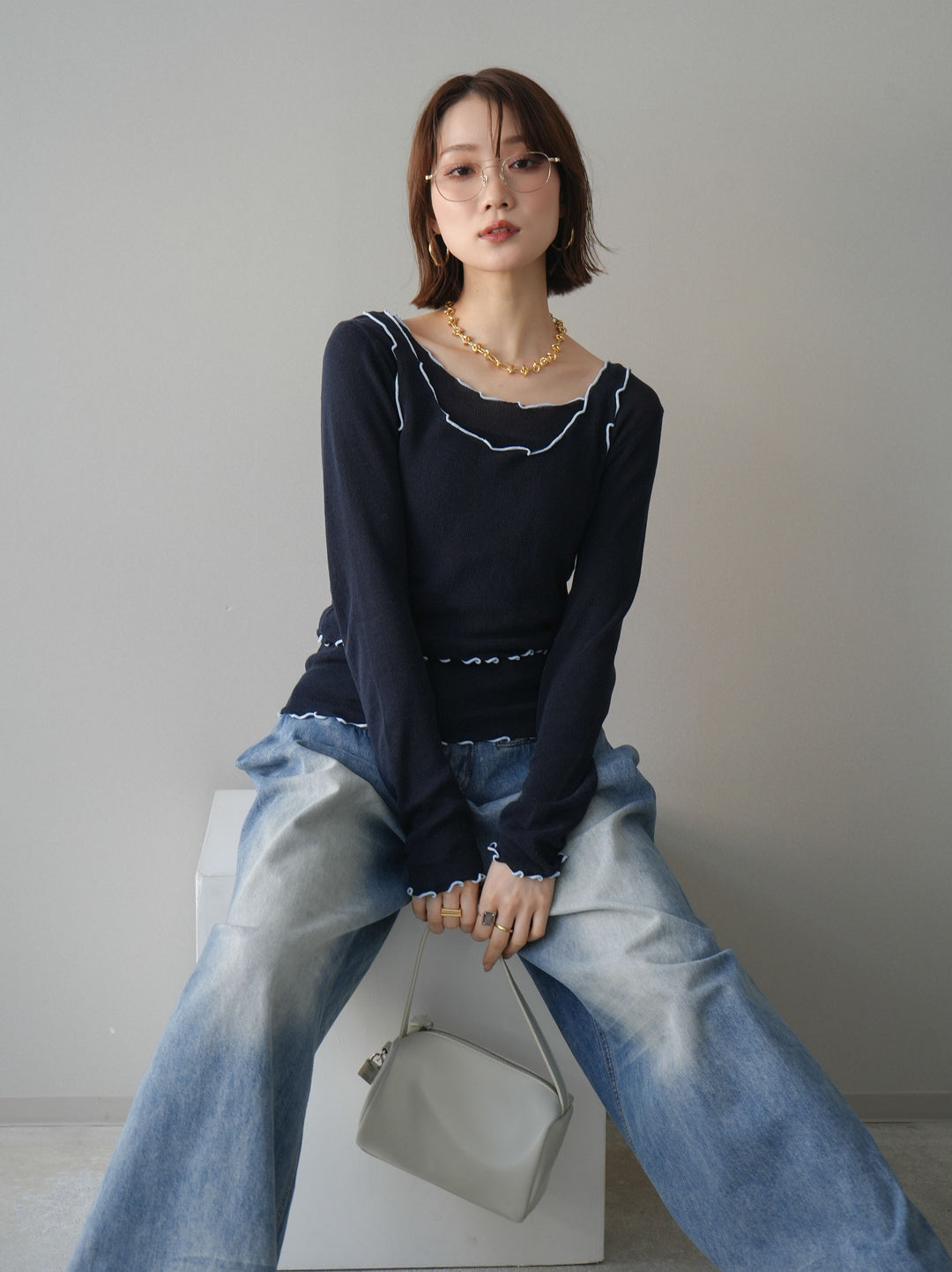 [予約]バイカラーメローアンサンブルシアーニットトップス/navy
