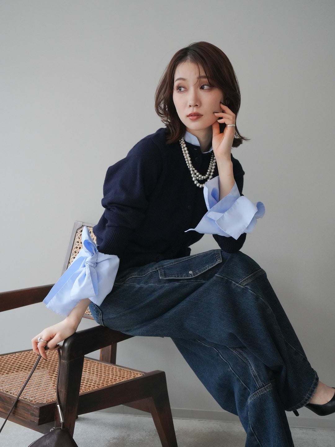 [予約]ウールライクリボンシャツカーディガン/navy