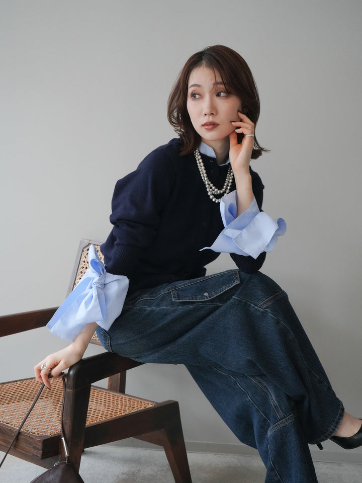 [予約]ウールライクリボンシャツカーディガン/navy