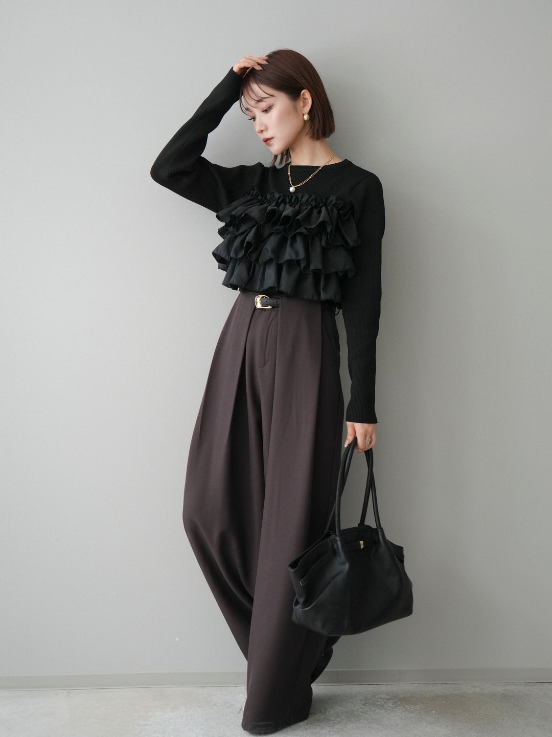 [SET]フリルビスチェドッキングスポンジニットプルオーバー+ベルトループデザインワイドパンツ(2set)