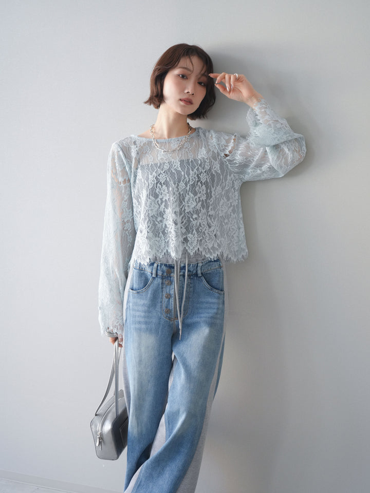 [SET]2WAYスリーブレーストップス+デニム切替スウェットパンツ(2set)