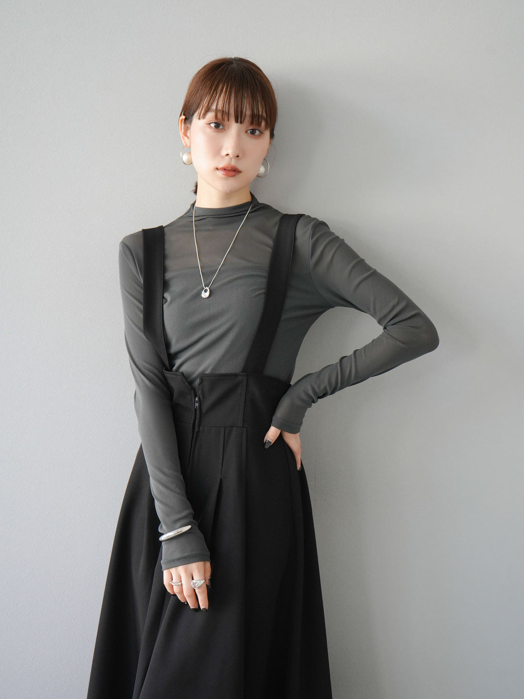 [SET]シアー切替ストレッチ長袖トップス+シアー切替ストレッチトップス(2set)