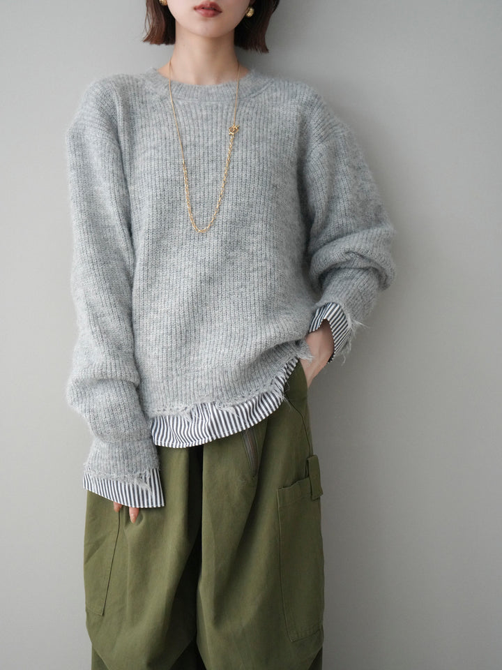 [予約]裾シャツレイヤードダメージニットプルオーバー/lightgrey