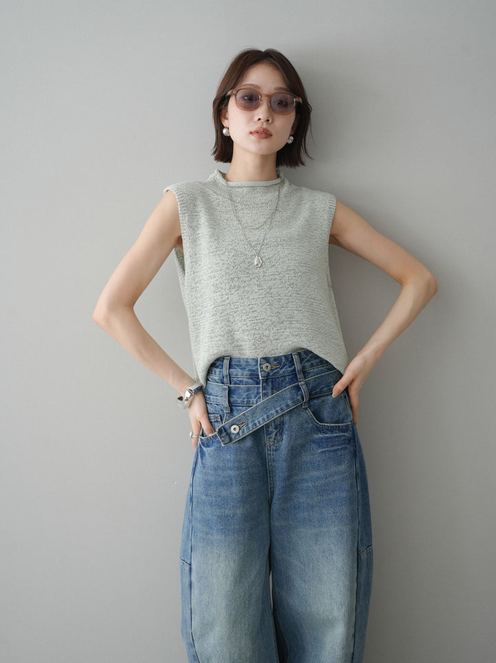 【套裝】無袖亞麻質感透視針織套頭衫 + 不對稱闊腿牛仔褲（兩件套）