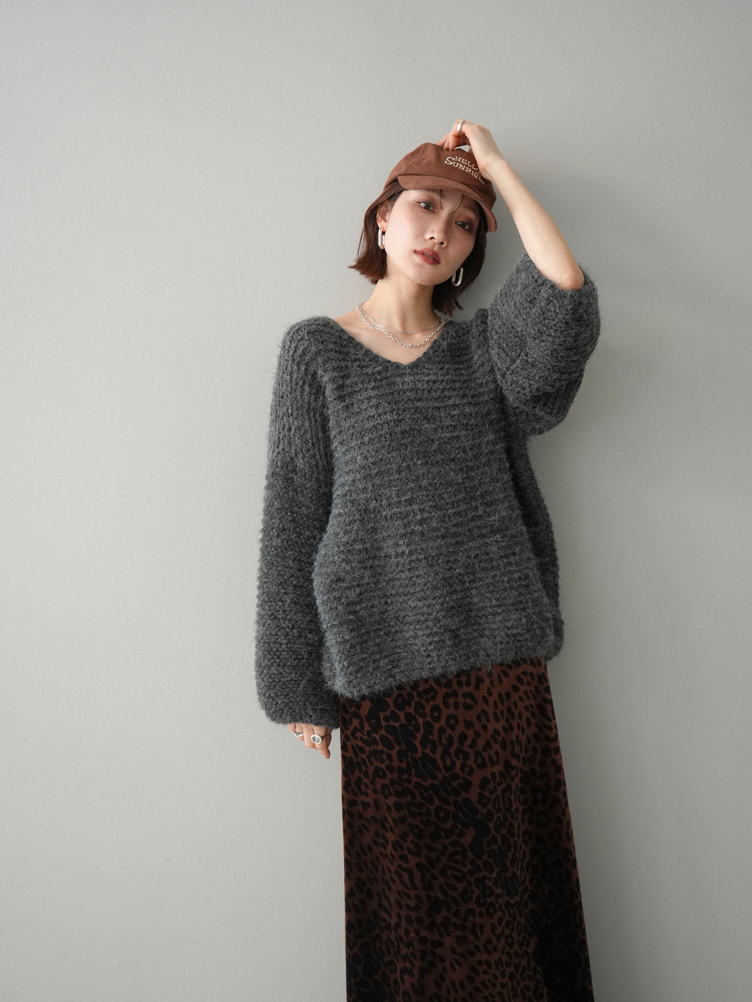 [予約]ワッフル編みシャギーニットプルオーバー/gray