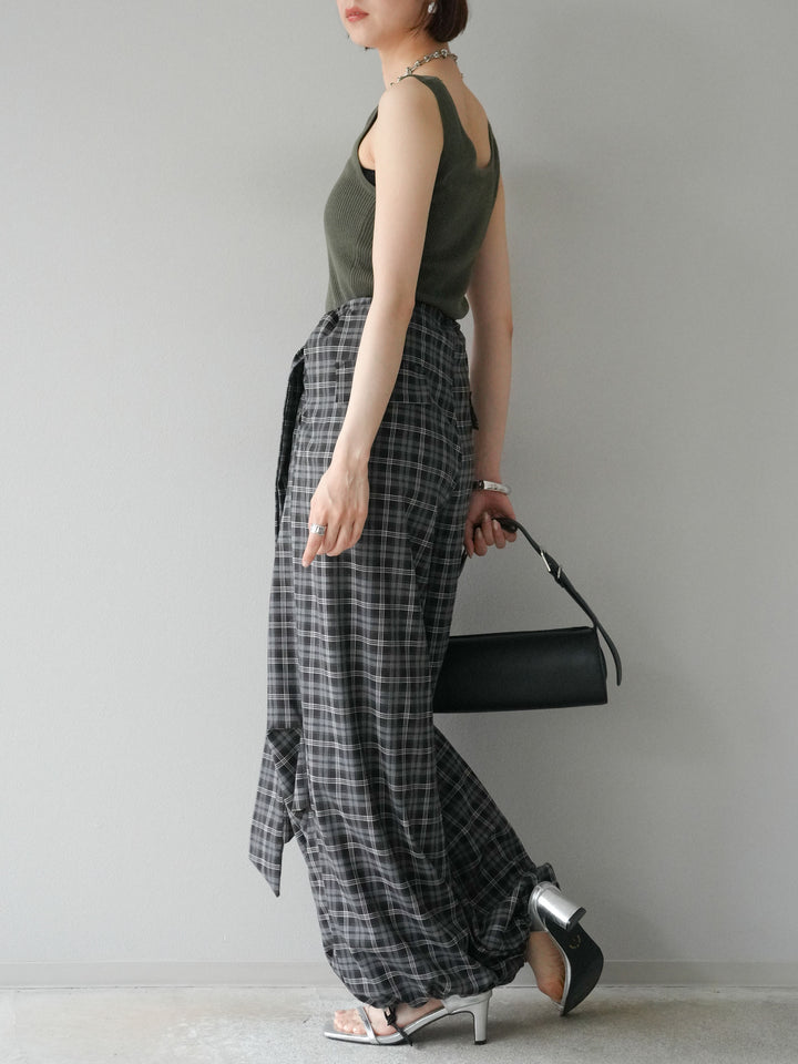 [予約]チェック柄ウエスト巻きドロストパンツ/ブラック