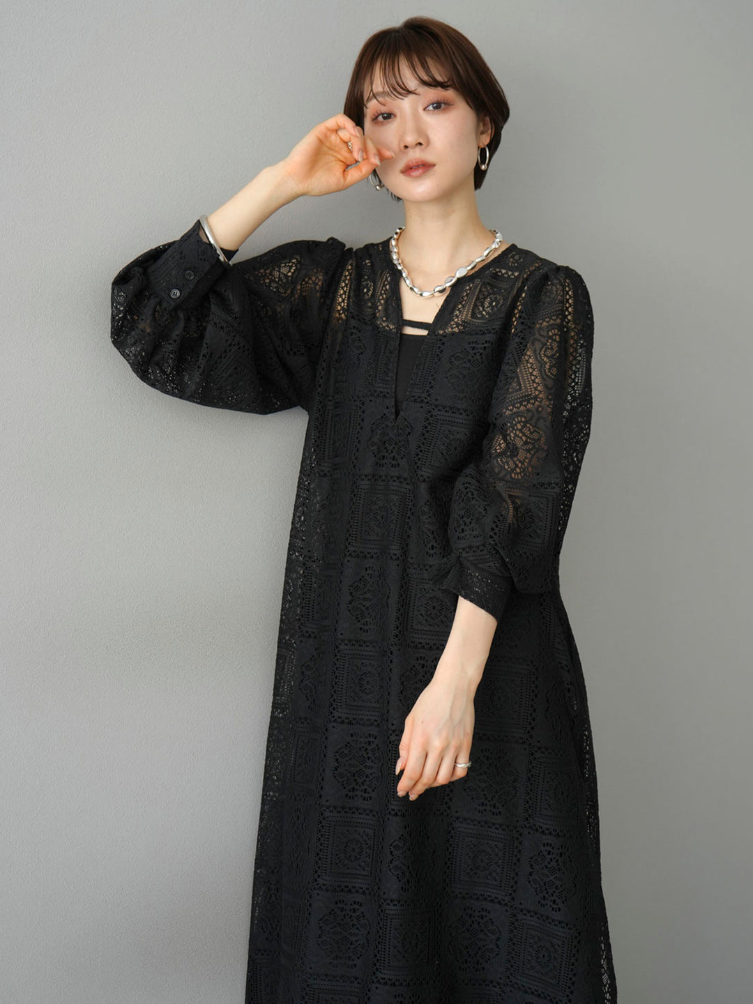 [SET] Block lace volume sleeve dress + selectable necklace set (2 sets)