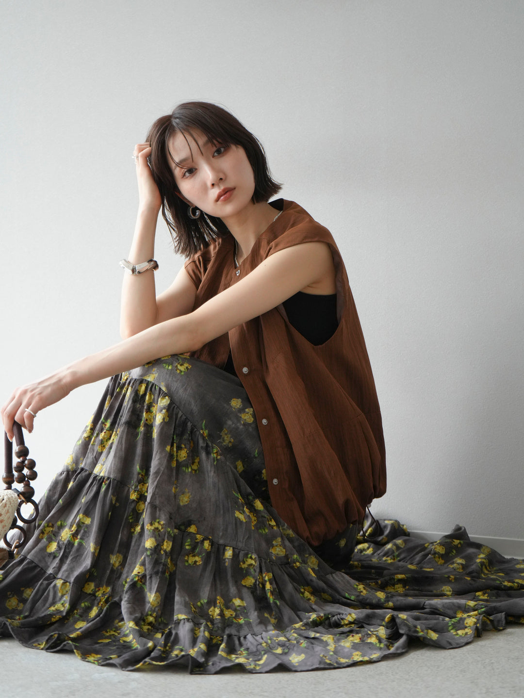 [SET]リネンライクドロストバルーンブルゾン+フラワーワッシャープリーツスカート(2set)