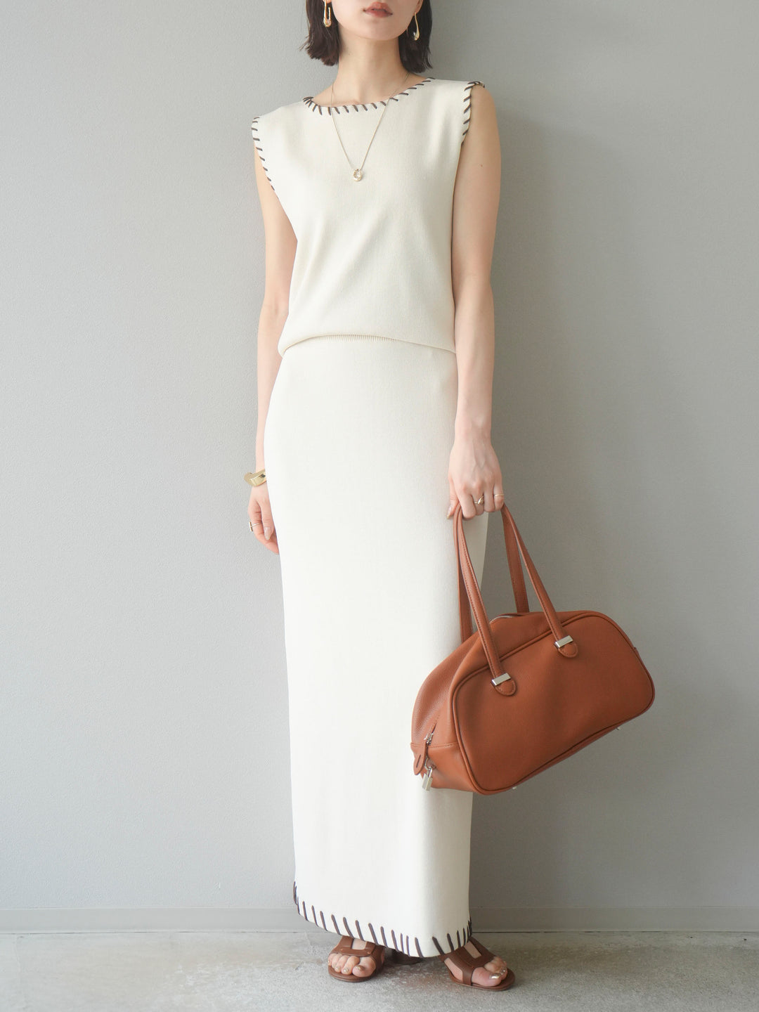 [SET] 亞麻手織套頭衫 + 亞麻手織緊身裙 (2 件套)