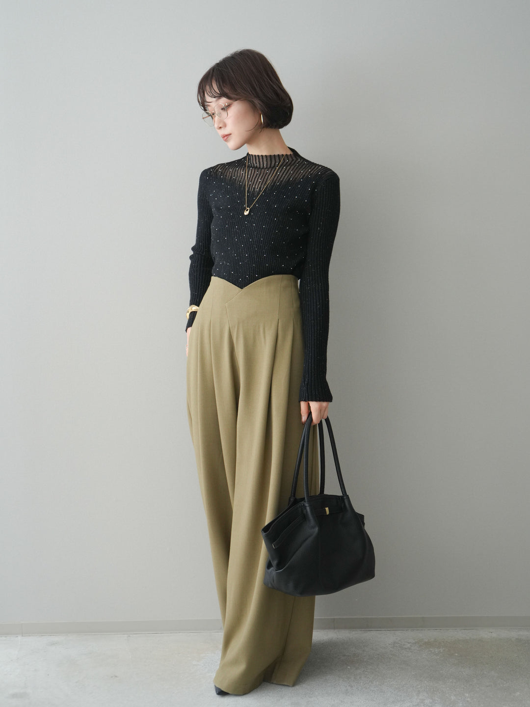 [SET]シアー切替スパンコールリブニットトップス+デザインハイウエストワイドパンツ(2set)