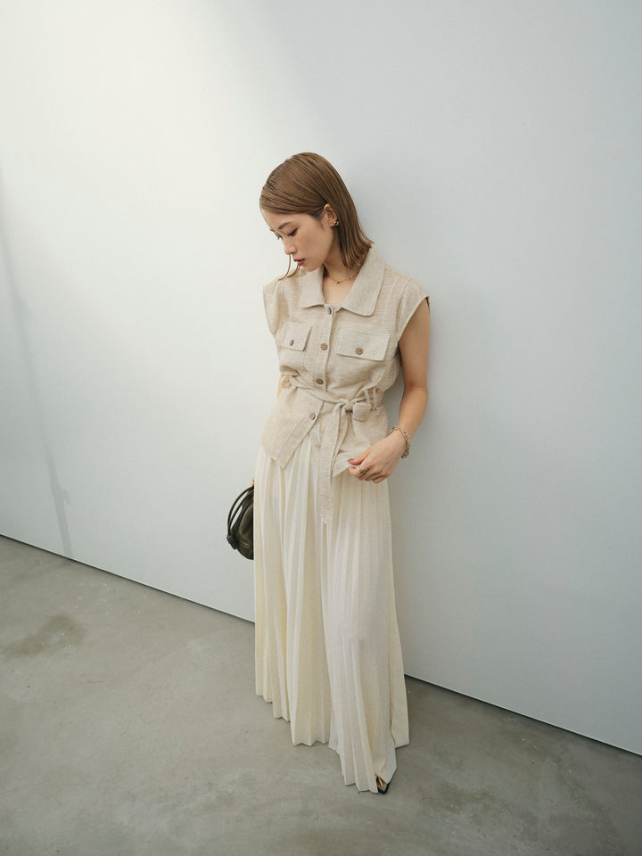 [SET]ミックスヤーンメッシュブラウス+ラインストーンプリーツスカート(2set)