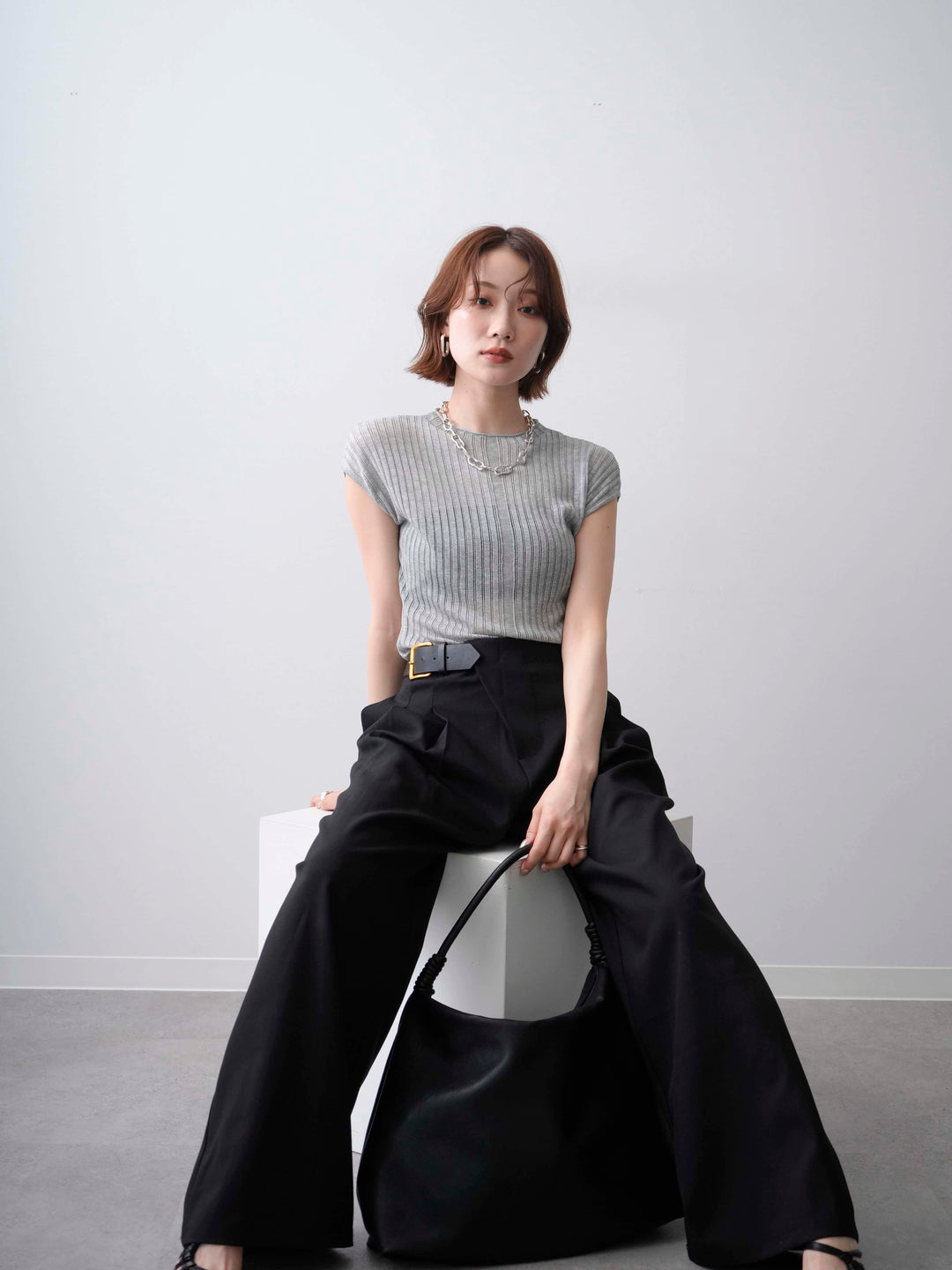 [予約]シアーリブフレンチニットトップス/grey