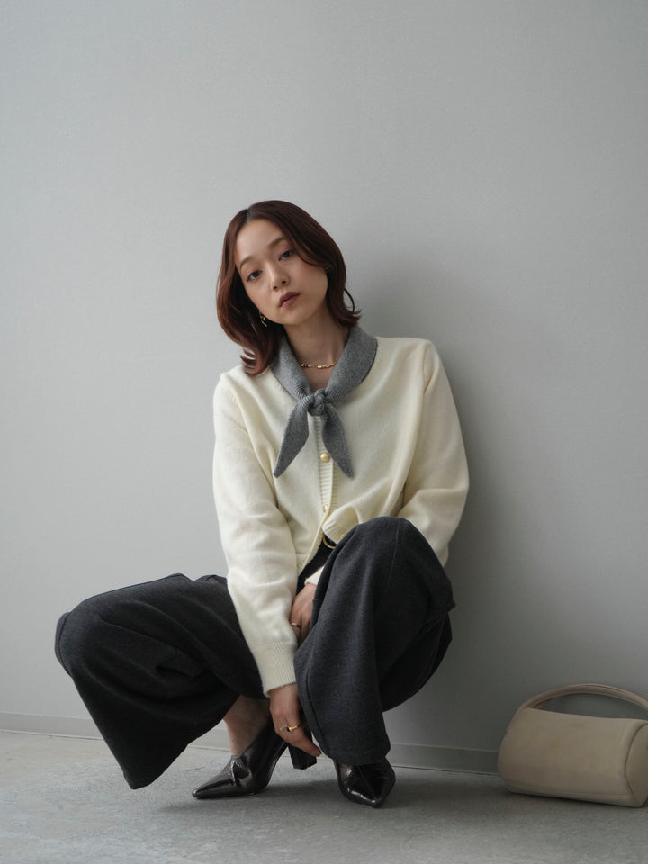 [SET]デザイン襟ニットカーディガン+ベルト付起毛コクーンパンツ(2set)