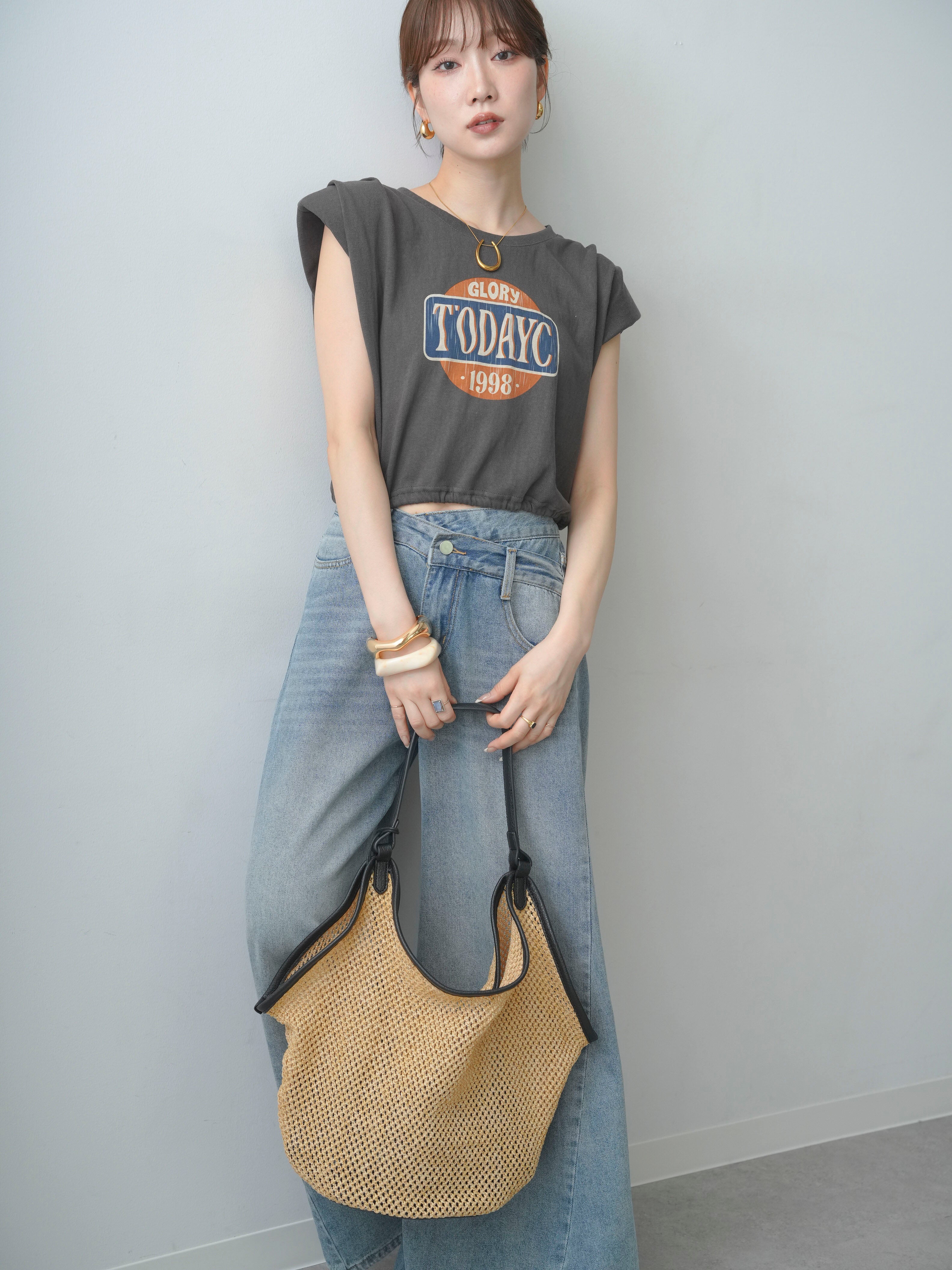SET]ヴィンテージロゴドロストTEE+アシンメトリーウエストワイドデニム