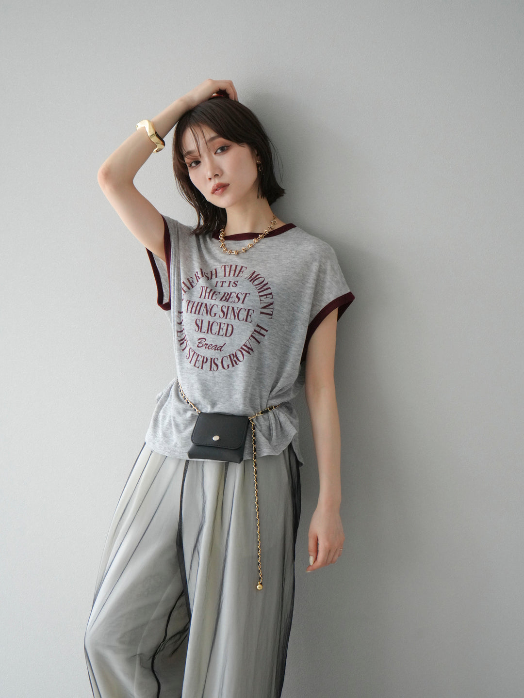 [SET]シアーフライス ロゴプリントT +コード刺繍チュールレイヤードパンツ(2set)