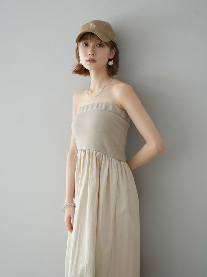 [預訂] 針織 x 塔夫綢小熊洋裝/米色