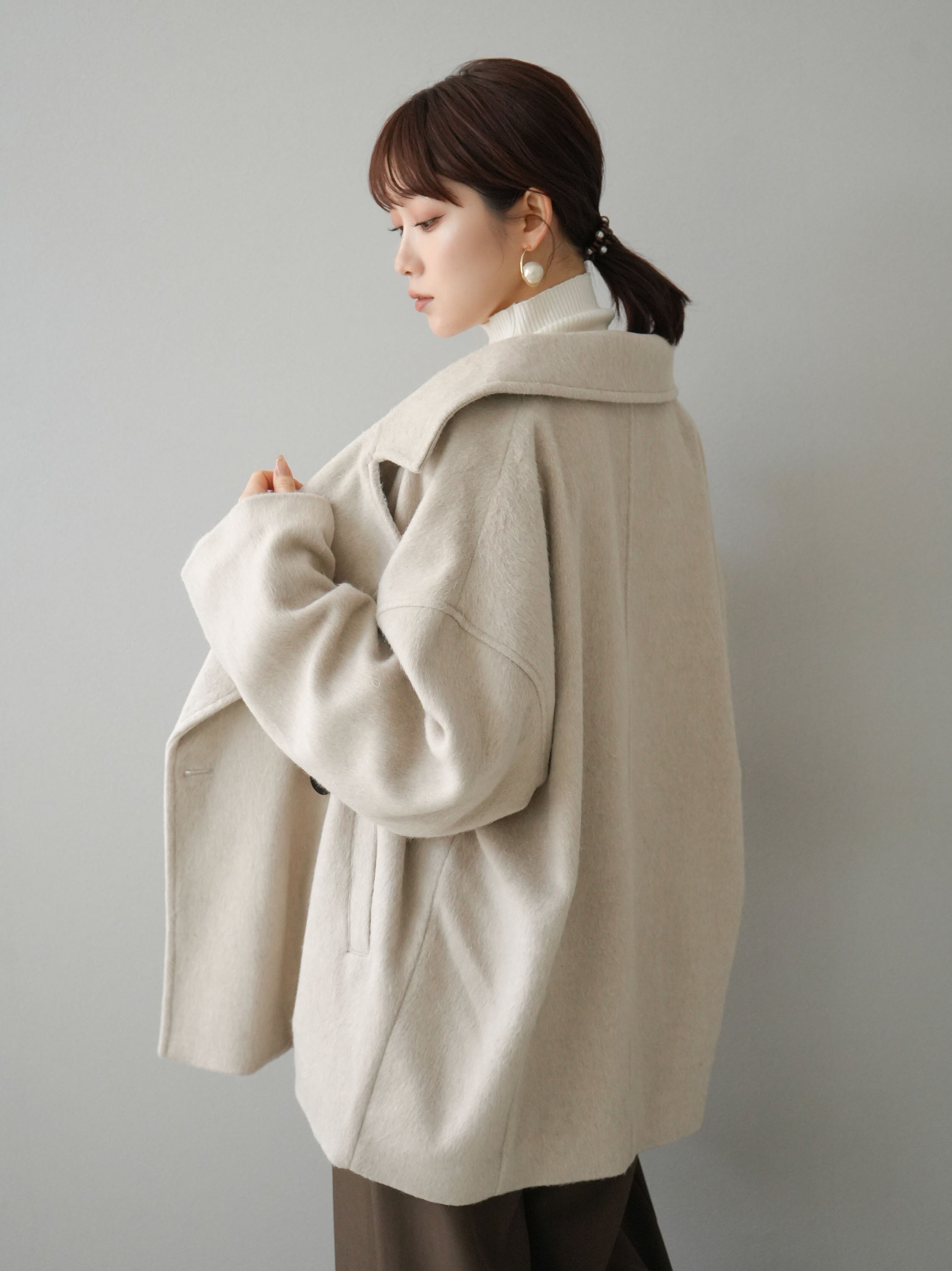 SET]フェイクビーバーミドルコート+ベルト付ウールタッチワイドパンツ