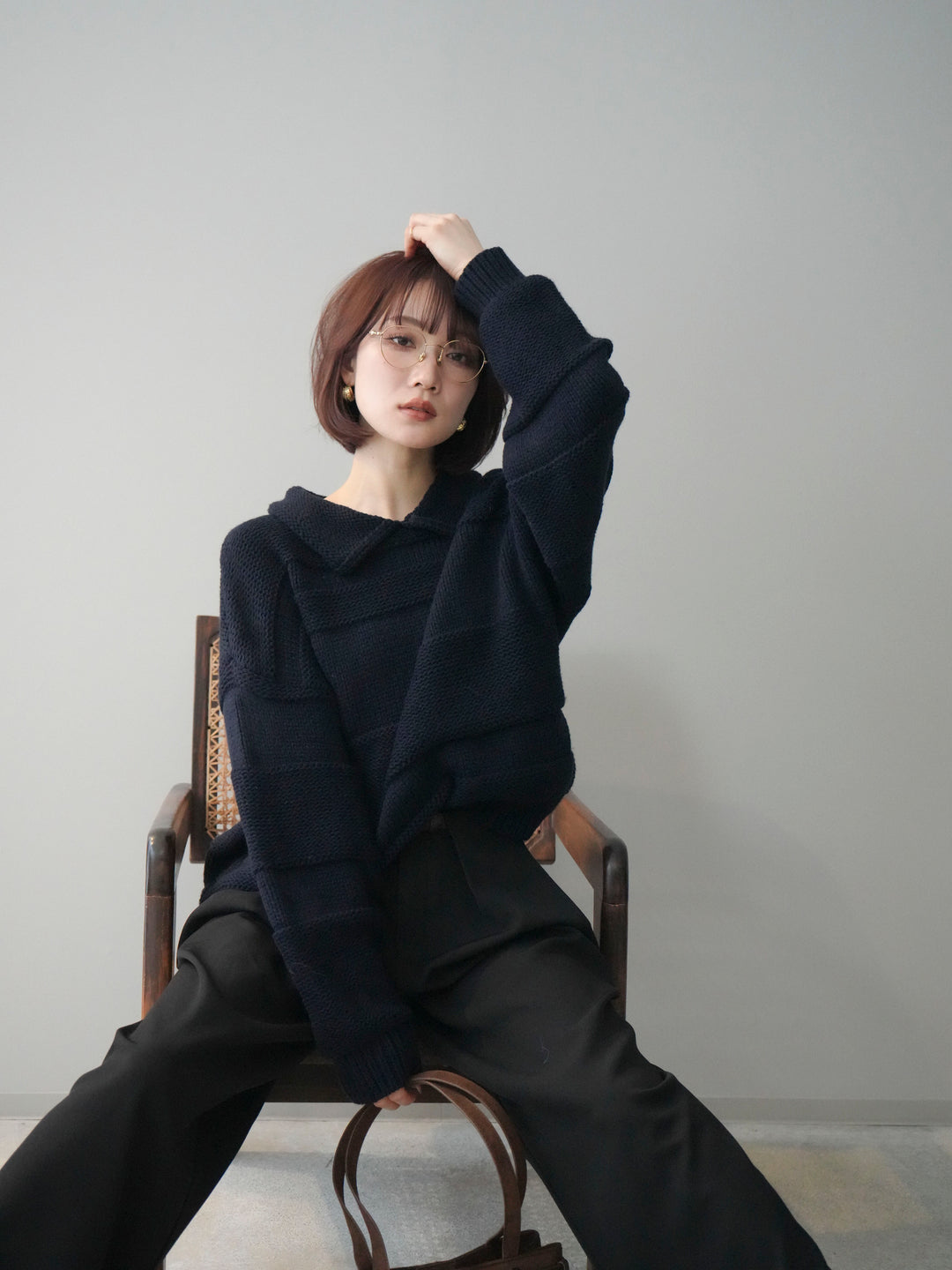 [予約]襟付きボーダー編みニットプルオーバー/navy