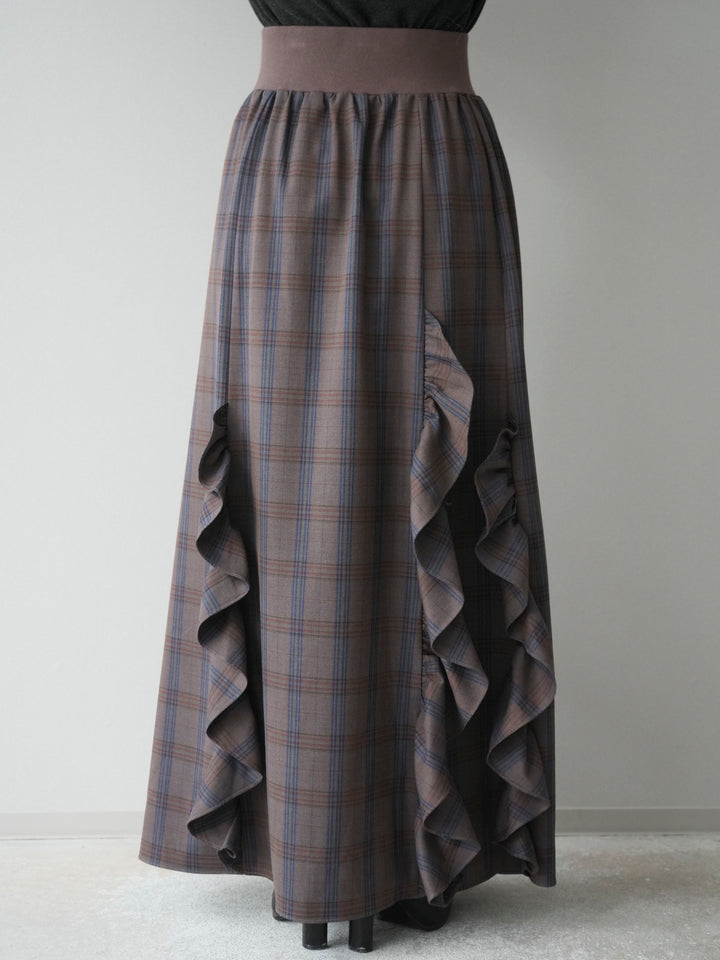 [予約]チェック柄フリルハイウエストマキシスカート/gray